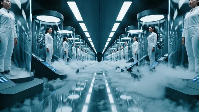 Woman strides through misty sci-fi corridor. Futuristic hallway lined with clones and blue neon lights. Cinematic tracking shot evoking isolation and mystery in digital film concept