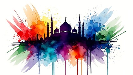 Fototapeta premium Colorful Abstract Watercolor Splash Silhouette of a Mosque for Ramadan and Eid Celebrations