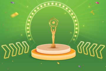 Award Ceremony Green Color Background With Golden Trophy on Podium. Premium Celebration Theme Concept Vector Illustration For Grand Music Concert, Movie, Party, Festival Celebration Etc.
