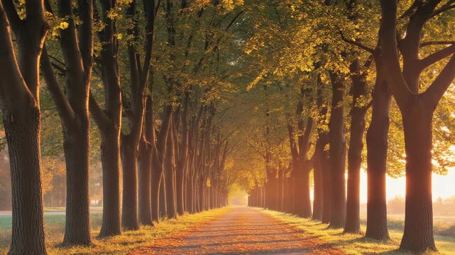Serene Tree Lined Pathway in Golden Autumn Light with Sun Rays Shining Through Canopy