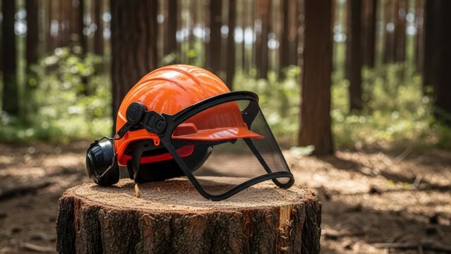 Safety Helmet on Tree Stump in Forest.