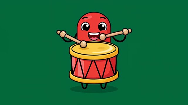 Cute Red Cartoon Monster Character Playing The Drums Animation.