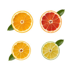 Fototapeta premium Sliced oranges, grapefruit and lime with leaves isolated on a transparent background citrus fruits