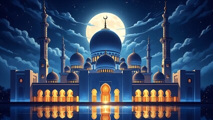 A serene mosque under a full moon with dramatic clouds