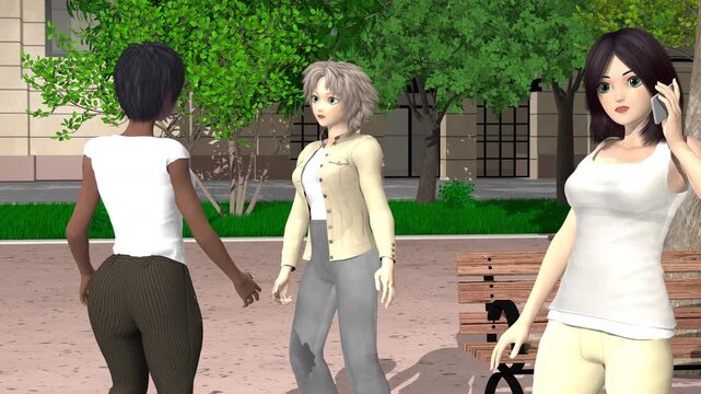 3d animation, two cartoons characters speaking on park and an another cartoon character speaking on her phone	
