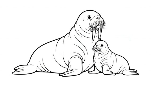 Mother and Baby Walrus Line Drawing