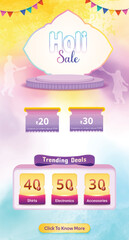 Holi Sale Landing Page Vector Background. Festival of Colors Theme Celebration. Indian Hindu Festival Concept For E-commerce Sale, Greetings, Poster, Banner.