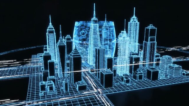 Abstract 3d isometric cityscape wireframe in blue glow. Futuristic urban skyline with buildings and streets forming digital metropolis. Architectural visualization concept for modern city planning