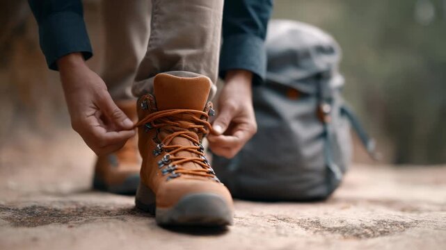 Backpacker preparing hiking boots, carefully lacing up sturdy footwear while standing on rocky terrain, ready for wilderness adventure and outdoor exploration