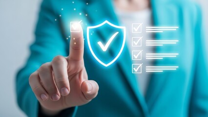Businesswoman activating digital security shield with checklist