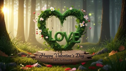 Valentines day forest scene with heart shaped green wreath and love sign