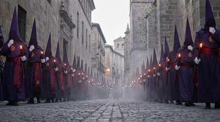 Obraz premium Escena callejera de procesión al amanecer, nazarenos con hábitos morados y capirotes, velas encendidas