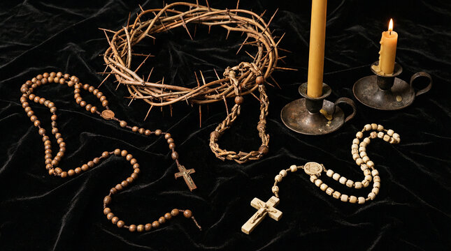 Composici&oacute;n art&iacute;stica de rosarios, coronas de espinas y cirios sobre tela negra
