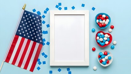 Obraz premium Patriotic american flag and heart decorations on light blue background