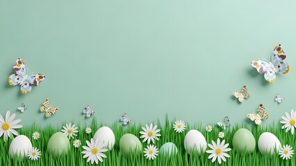 Easter scene with eggs flowers and butterflies on a green background