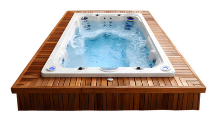 Spa pool with built in jets on wooden deck relaxing ambiance hot tub with clear blue water and bubbles