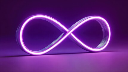 Glowing neon symbol of infinity, rendered in a 3D perspective against a dark, purple backdrop