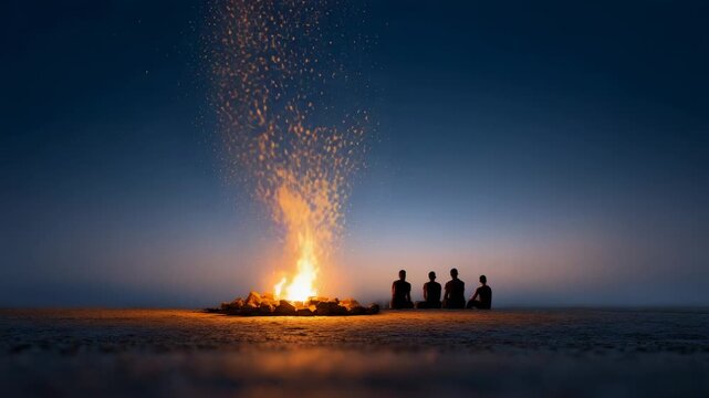 Tourists gathering around glowing bonfire on sandy beach, sharing warmth of flickering flames as sparks dance skyward during tranquil twilight moments of summer vacation