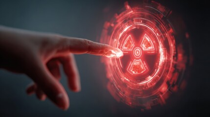 Glowing red radiation symbol, digitally rendered with a finger touching the hazard warning