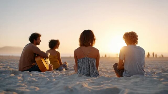 Three friends sit on a sandy beach at sunset, enjoying each other's company and the music from an acoustic guitar, creating a peaceful and memorable moment