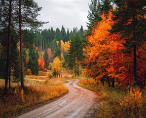 Fototapeta premium A winding dirt road meanders through a forest displaying vibrant fall foliage in various colors