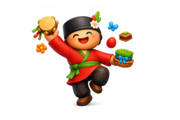 Joyful celebration with dancing character featuring festive symbols and traditional attire for holiday design