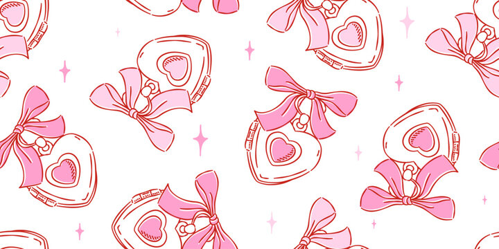 Seamless pattern of cute pink heart lockets with ribbons and sparkles. Romantic hand drawn doodle background.