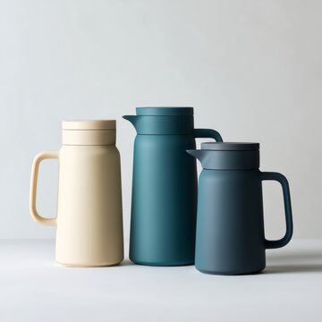 Tres termos de colores sobre fondo neutro, Juego de jarras t&eacute;rmicas en tonos pastel, Mockup de packaging para marca de bebidas, Bodeg&oacute;n minimalista con termos de dise&ntilde;o