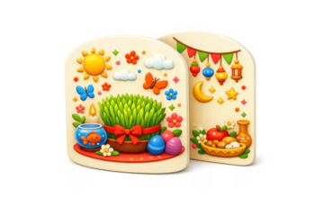 Colorful spring celebration design with decorative eggs, plants, and festive symbols for greeting cards or posters