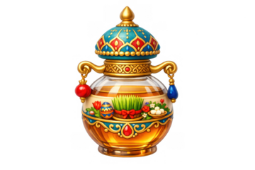 Ornate festive jar with spring decorations and colorful beads for holiday design