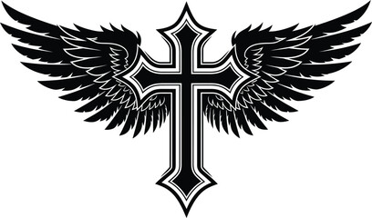 Black and White Angel Wing Cross Christian Symbol Vector Illustration