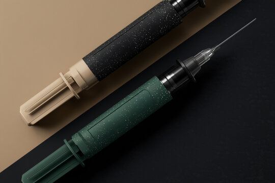 Dos jeringas modernas sobre fondo bicolor, Imagen de producto para marca farmac&eacute;utica, Mockup para publicidad de productos sanitarios, insulina, epinefrina 