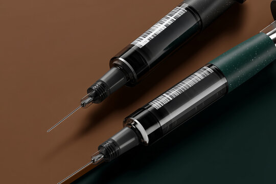 Dos jeringas con dise&ntilde;o moderno sobre fondo dividido, Mockup para marca de producto inyectable, Imagen para art&iacute;culo sobre innovaci&oacute;n en medicina, Est&eacute;tica futurista insulina, epinefrina 