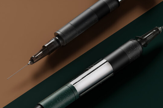 Dos jeringas con dise&ntilde;o moderno sobre fondo bicolor, Mockup para publicidad de cosm&eacute;tica, Dise&ntilde;o de packaging de laboratorio, Estilo minimalista para campa&ntilde;a de salud, epinefrina 