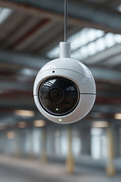 C&aacute;mara de seguridad domo colgante en interior, Primer plano de c&aacute;mara de vigilancia esf&eacute;rica blanca, Imagen para art&iacute;culo sobre seguridad en edificios