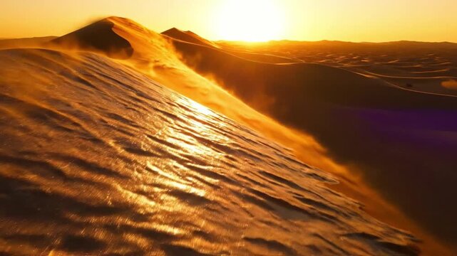 Golden Desert Dunes at Sunset, Wind Blowing Sand, Dramatic Landscape