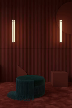 Interior minimalista con puf verde y paredes texturizadas color burdeos, Mockup para dise&ntilde;adores de interiores, estilo lujoso, Fondo para dise&ntilde;o de branding de alta gama
