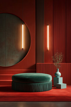 Puf redondo de terciopelo verde sobre alfombra roja en interior moderno, Escena interior con puf, jarr&oacute;n y luces de ne&oacute;n en estilo minimalista, Mockup para dise&ntilde;o de interiores de lujo