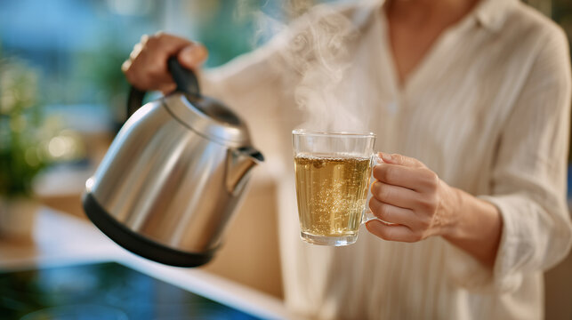 Modern kitchen scene with female hands brewing tea, stainless kettle tilted as boiling water fills a clear glass cup, steam rising against soft neutral background - Powered by Adobe