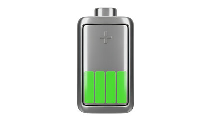 A silver battery icon with green charging bars on a black background