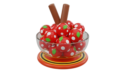 A colorful bowl of red apples with white polka dots and green leaves