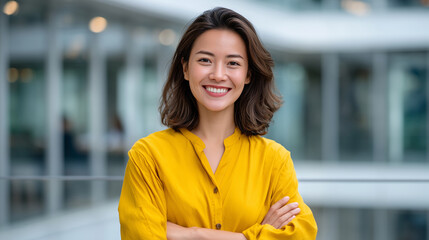 Portrait of a smiling Asian businesswoman in a vibrant yellow blouse, standing near glass office partitions, soft natural light, modern workspace, professional and approachable dem