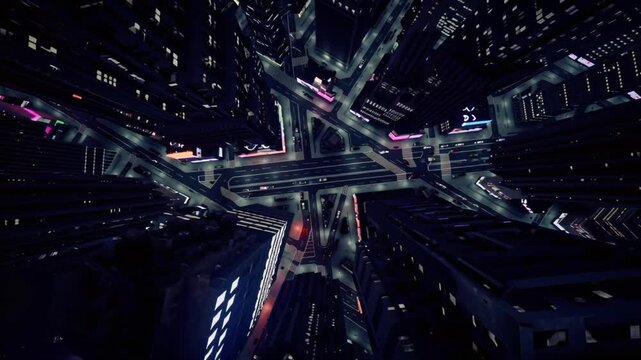 3D night cityscape, equirectangular 360&deg; HDRI map, wet streets reflecting neon signs, glowing skyscrapers, dynamic traffic lights, flying cars rain, cinematic volumetric lighting urban textures