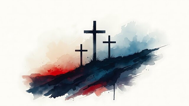 Three crosses on a hill with watercolor background