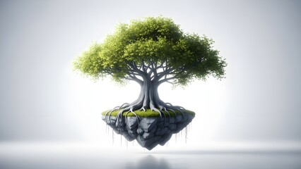 A lone tree on a floating rock formation in a dreamlike environment