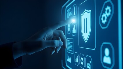 A futuristic interface with a shield icon and various security symbols