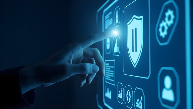 A futuristic interface with a shield icon and various security symbols - Powered by Adobe