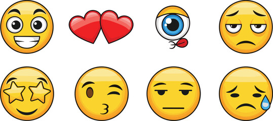 Obraz premium Cute Emoji Faces Vector Set with Love, Sad, Wink and Funny Expressions