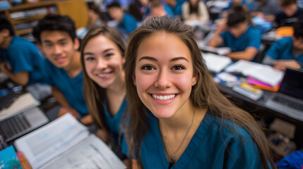 Overhead view of nursing students in a classroom, all wearing teal scrubs, some smiling, attentive, with textbooks and laptops open, dynamic educational atmosphere