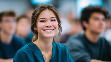 Fototapeta premium Group of multiethnic nursing students in teal scrubs leaning forward in their chairs, smiling and engaged during classroom lecture, contemporary learning environment